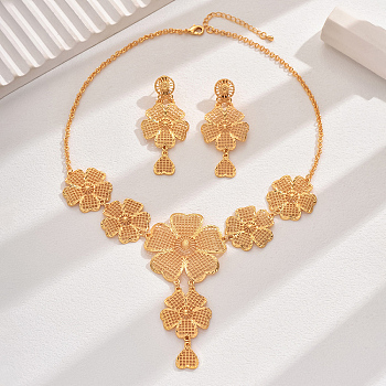 18K Gold Plated Flower Bib Necklace & Dangle Stud Earrings, Brass Jewelry Set for Bridal