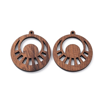 Walnut Wood Laser Cut Pendants, Hollow Charms, Undyed, Flat Round, 33x30x2.5mm, Hole: 1.5mm