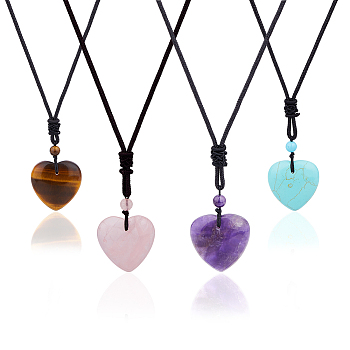 4Pcs 4 Style Heart Natural & Synthetic Mixed Gemstone Pendant Necklace with Nylon Cords, 29.13 inch(74cm), 1pc/style