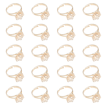 20Pcs Adjustable Brass Finger Ring Findings, Flower Filigree Ring Settings, Golden, US Size 6 3/4(17.1mm), Tray: 13x12mm