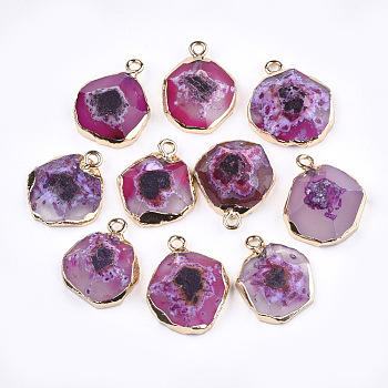 Electroplate Natural Agate Pendants, with Brass Findings, Faceted, Dyed, Golden, Magenta, 17~22x14~18x5~10mm, Hole: 1.8mm