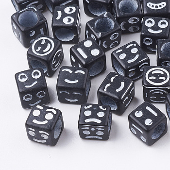 Craft Acrylic Beads, Cube with Mixed Expression, Black, 6x6x6mm, Hole: 3.5mm, about 3000pcs/500g