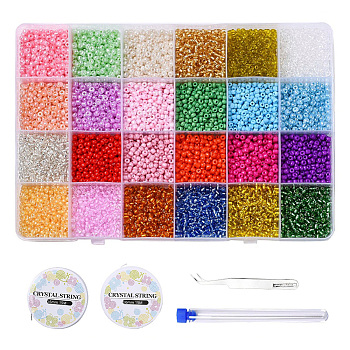 DIY Jewelry Finding Kits, 3mm Round Glass Seed Beads, Including Tweezers, Steel Needles, Elastic Crystal Thread and Plastic Test Tube, Mixed Color, Beads: 6000Pcs/Box