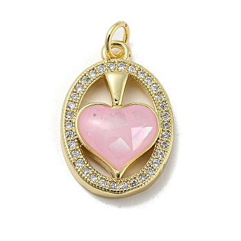 Brass Micro Pave Cubic Zirconia Pendants, with Enamel Shell, Oval with Heart, Pink, 21x14x4mm