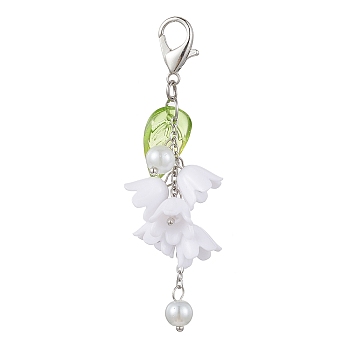 Acrylic Pendant Decorations, with Glass Imitation Pearl Beads and Alloy Lobster Claw Clasps, Flower with Leaf, White, 70mm