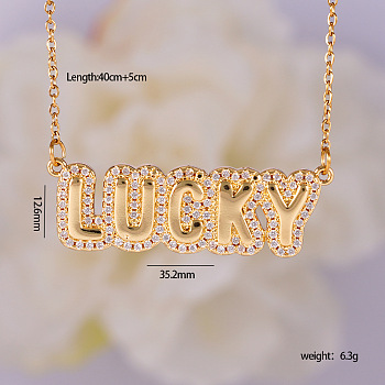Brass Micro Pave Clear Cubic Zirconia Bubble Word LUCKY Pendant Necklaces, with 304 Stainless Steel Chains, Golden, 15.75 inch(40cm)
