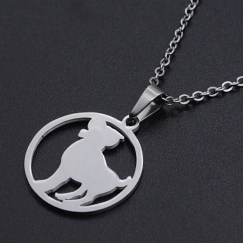 201 Stainless Steel Pendants Necklaces, with Cable Chains and Lobster Claw Clasps, Flat Round with Constellation/Zodiac Sign, Aries, 15-3/4 inch(40cm), 1.5mm