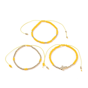 Adjustable Nylon Cord Braided Bead Bracelets Sets, with Glass Seed Beads, Brass Round Beads and Brass Micro Pave Clear Cubic Zirconia Cross Beads, Yellow, Inner Diameter: 2-1/4~ 4-1/8 inch (5.6~10.5cm), 3pcs/set.