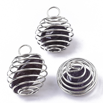 Iron Wrap-around Spiral Bead Cage Pendants, with Natural Amethyst Beads inside, Round, Platinum, 21x24~26mm, Hole: 5mm