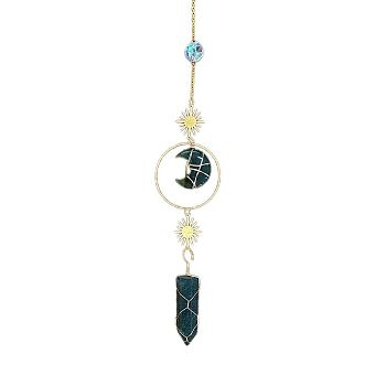 Natural Moss Agate Moon & Bullet Window Hanging Suncatchers, Metal Sun Pendant Decorations, Car Ornament, 460mm, Moon: 30mm, Bullet: 45~50mm