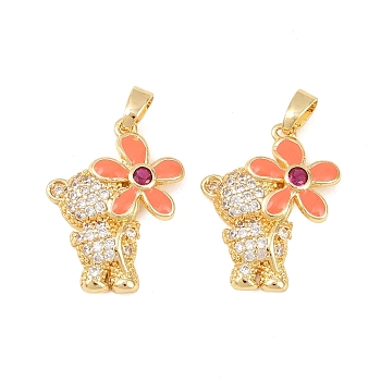 Brass Micro Pave Clear Cubic Zirconia Pendants, with Enamel, Bear with Flower Charms, Long-Lasting Plated, Rack Plating, Lead Free & Cadmium Free, Golden, 21x17x4mm, Hole: 5x2.5mm