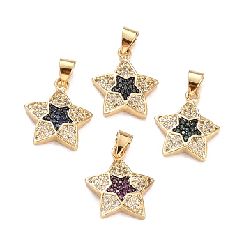 Brass Micro Pave Cubic Zirconia Pendants, Real 18K Gold Plated, Star, Mixed Color, 17x15x3mm, Hole: 4x3mm