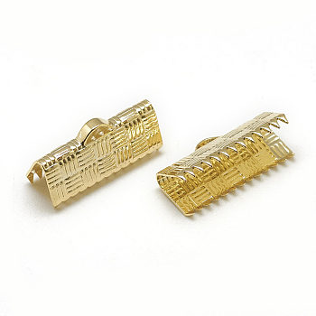 Brass Ribbon Crimp Ends, Rectangle, Real 18K Gold Plated, 8x16mm, Hole: 1x3mm