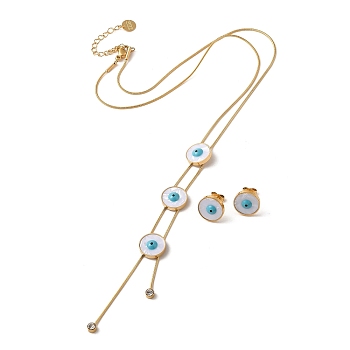 Evil Eye 304 Stainless Steel Jewelry Set, Natural Shell with Enamel Stud Earrings and Lariat Necklace, Golden, Necklaces: 390mm;
earring: 12mm