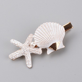 Iron Alligator Hair Clips, with Alloy Findings, Starfish & Shell, White, 62x30x14mm