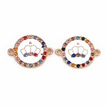 Alloy Links Connectors, with Enamel and Colorful Rhinestone, Light Gold, Flat Round with Crown, Creamy White, 15x20x2mm, Hole: 1.4mm
