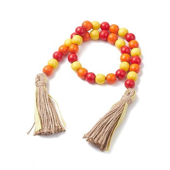 Natural Wood Beaded Pendant Decorations with Tassel Hemp Rope, for Halloween Party Decoration, Mixed Color, 755mm