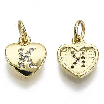 Brass Micro Pave Clear Cubic Zirconia Charms, with Jump Ring, Heart with Letter, Real 16K Gold Plated, Nickel Free, Letter.K, 10x9x2mm, Jump Ring: 5x1mm, 3mm inner diameter