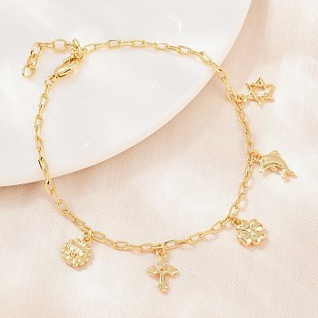 Brass Charm Bracelets, Cable Chain Bracelets for Women, Flower & Clover & Dolphin & Star & Cross, Real 18K Gold Plated, 7.52 inch(19.1cm), Pendants: 10~12x8x1.5~3.5mm