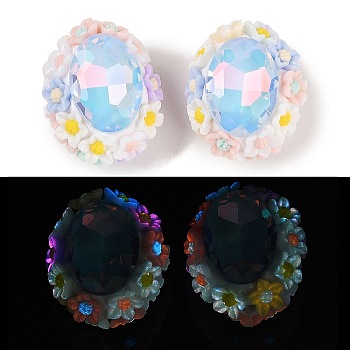 Handmade Luminous Polymer Clay Glass Rhinestone Beads, with Acrylic, Oval with Flower, Sky Blue, 25.5~26x21.5~22x17mm, Hole: 2mm