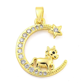 Brass Micro Pave Clear Cubic Zirconia Pendant, The 12 Chinese Zodiac, Horse, 21x16.5x2.5mm, Hole: 5x2.8mm