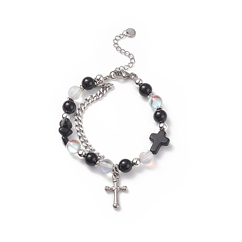 Natural & Synthetic Mixed Stone Beaded Bracelet with Cross Charm, 304 Stainless Steel Jewelry for Men Women, Black, 7-5/8 inch(19.4cm)