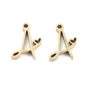 304 Stainless Steel Charms, Laser Cut, Real 14K Gold Plated, Letter A, 11x6.5x1.5mm, Hole: 1mm