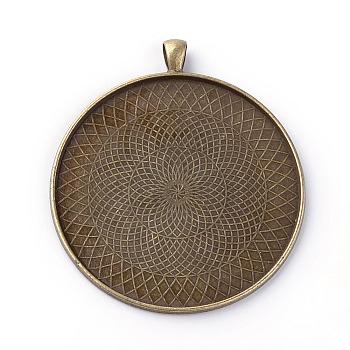 Tibetan Style Alloy Pendant Cabochon Settings, Flat Round, Cadmium Free & Nickel Free & Lead Free, Antique Bronze, Tray: 58mm, 70x62x2.5mm, Hole: 7x4.5mm, about 70pcs/1000g