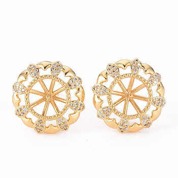 Brass Micro Pave Clear Cubic Zirconia Stud Earrings Findings, for Half Drilled Bead, Nickel Free, Flower, Real 18K Gold Plated, 17mm, Pin: 0.8mm, Pin: 0.8mm(for Half Drilled Bead)