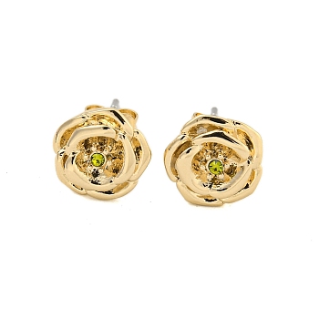 Brass Micro Pave Cubic Zirconia Ear Studs, Flower, Golden, Yellow Green, 9.5mm