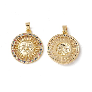 Brass Micro Pave Cubic Zirconia Pendant, with Glass, Flat Round with Sun Charm, Real 18K Gold Plated, 23.5x21x3.5mm, Hole: 4.5x2.5mm