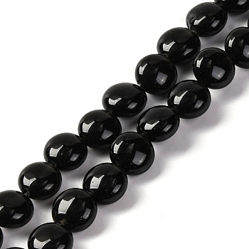 Natural Black Stone Beads Strands, Flat Round, 7.5~8x4.5~5mm, Hole: 1.2mm, about 50~51pcsrand, 14.57~15.35 inch(37~39cm)