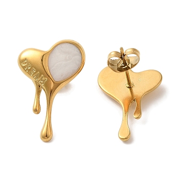 Ion Plating(IP) 304 Stainless Steel Heart Stud Earrings, wtih Enamel, Real 18K Gold Plated, 21.5x14mm