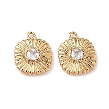 Brass Micro Pave Cubic Zirconia Grooved Pendants, Long-Lasting Plated, Sqaure Charm, Real 18K Gold Plated, 16x13x4.5mm, Hole: 1.4mm