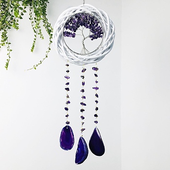 Rattan & Natural Amethyst Chips Flat Round with Tree of Life Pendant Decorations. Wind Chime, with Agate Piece, White, 490x150mm