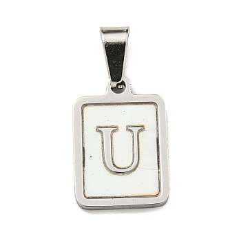 304 Stainless Steel Pave Natural White Shell Pendants, Rectangle with Letter Charms, Stainless Steel Color, Letter U, 17.5x12x1.5mm, Hole: 6x3mm