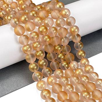 Frosted Transparent Glass Bead Strands, with Gold Powder, Round, Sandy Brown, 10mm, Hole: 1mm, about 84pcs/strand, 31.50''(80cm)