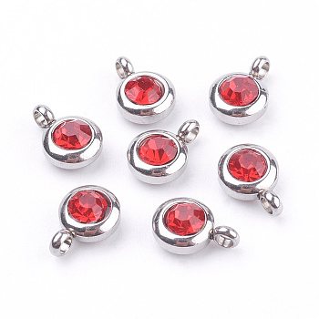 Trendy Original Color 304 Stainless Steel Grade A Rhinestone Charms, Faceted, Flat Round, Light Siam, 9x6.5x4mm, Hole: 2mm