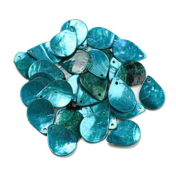 Spray Painted Natural Akoya Shell Pendants, Teardrop Charms, Dark Turquoise, 19.5~20x14.5~15x2mm, Hole: 1.5mm
