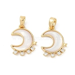 Natural White Shell Moon Pendants, Brass Micro Pave Clear Cubic Zirconia Moon Charms, Real 18K Gold Plated, 16.5x13x3mm, Hole: 3x5mm(KK-U043-23G-02)