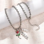 Mother's Day Brass Micro Pave Clear Cubic Zirconia Enamel Red Rose Flower Mama Pendant Necklaces for Women, with Faux Pearl Beads, Cadmium Free & Lead Free, Long-Lasting Plated, Rack Plating, Platinum, 17.24 inch(43.8cm)(NJEW-A071-02P)