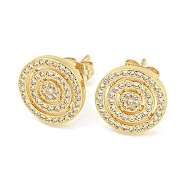 Brass Micro Pave Cubic Zirconia Ear Studs, Flat Round, Real 18K Gold Plated, 12.5mm(EJEW-P261-35G)