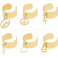 DIY Charm Cuff Ring Making Kit, Including Stainless Steel Open Ring Findings, Heart & Leaf & Lightning & Peace Sign Brass & Alloy & 304 Stainless Steel Pendants & Link Connectors, Golden, 32Pcs/box(DIY-UN0003-67)