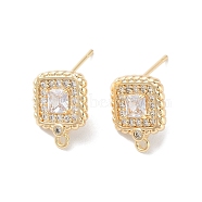 Brass Micro Pave Cubic Zirconia Stud Earring Findings, Square, Real 18K Gold Plated, 14x11mm, Hole: 1.2mm, Pin: 0.8mm(KK-E107-21G)