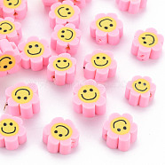 Handmade Polymer Clay Beads, Flower with Smiling Face, Pearl Pink, 9~10x8~9x4~5mm, Hole: 1.4~1.6mm(CLAY-N011-011E)