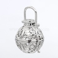 Round Brass Hollow Cage Pendants, For Chime Ball Pendant Necklaces Making, Cadmium Free & Nickel Free & Lead Free, Platinum, 34x25.75x21.33mm, Hole: 7.5mm(KK-P026-09P-NR)