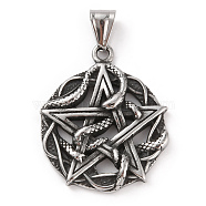 304 Stainless Steel Pendants, with 201 Stainless Steel Snap on Bails, Falt Round with Pentagram & Snake Charms, Antique Silver, 37.5x31x4mm, Hole: 8x5.5mm(STAS-A083-18AS)