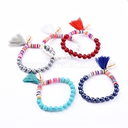 Tassels Charm Stretch Bracelets, with Handmade Polymer Clay Heishi Beads, Shell Pearl Beads and Natural Cowrie Shell Beads, Mixed Color, 2-1/4 inch(5.7cm)(BJEW-JB05080)