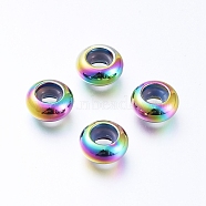 Vacuum Plating 202 Stainless Steel Beads, with Plastic, Slider Beads, Stopper Beads, Rondelle, Rainbow Color, 9x4.5mm, Hole: 3mm(X-STAS-F148-9mm-07M)