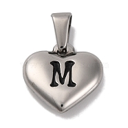 304 Stainless Steel Pendants, Heart with Black Letter, Stainless Steel Color, Letter M, 16x16x4.5mm, Hole: 7x3mm(STAS-P278-01M-P-1)